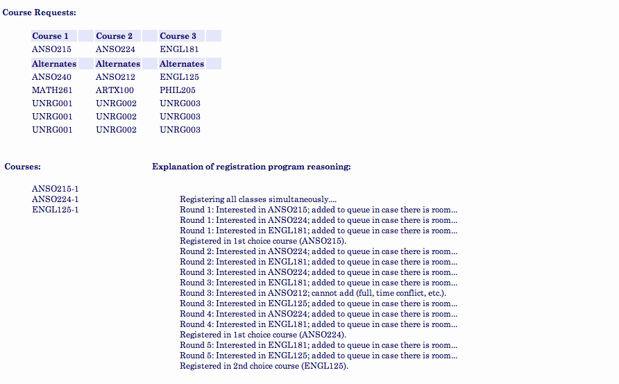 Detailed Smart Registration Results for a Typical Student